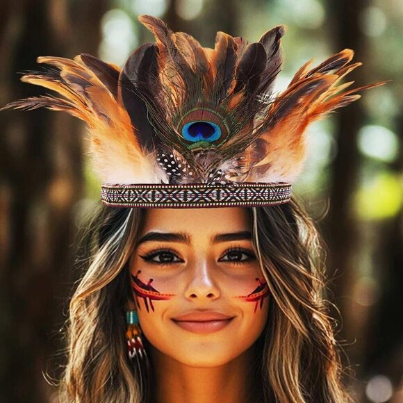 Feather Headdress Indian Headband Peacock Native American Costume Accessory main image 5